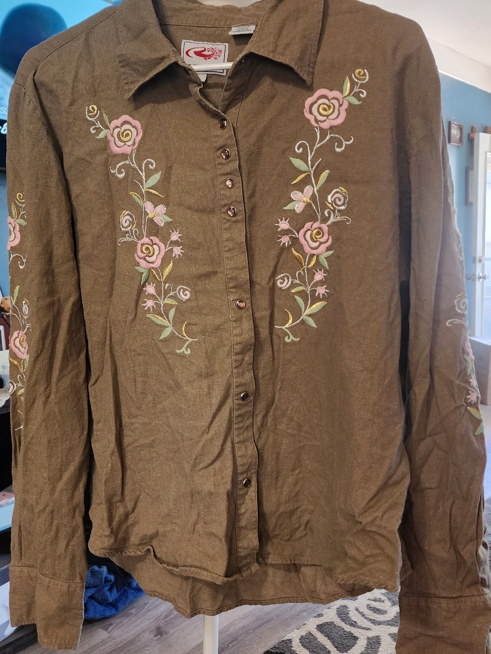 Roper Olive Brown Button-Down Shirt with Pink Floral Embroidery Olive Sz Xl